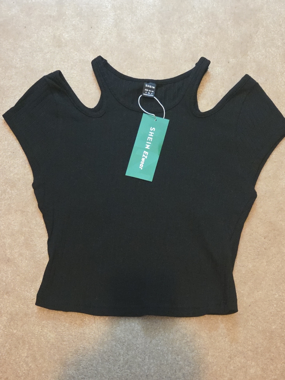 SHEIN Black Cold-Shoulder Ribbed Crop Top with Double Straps